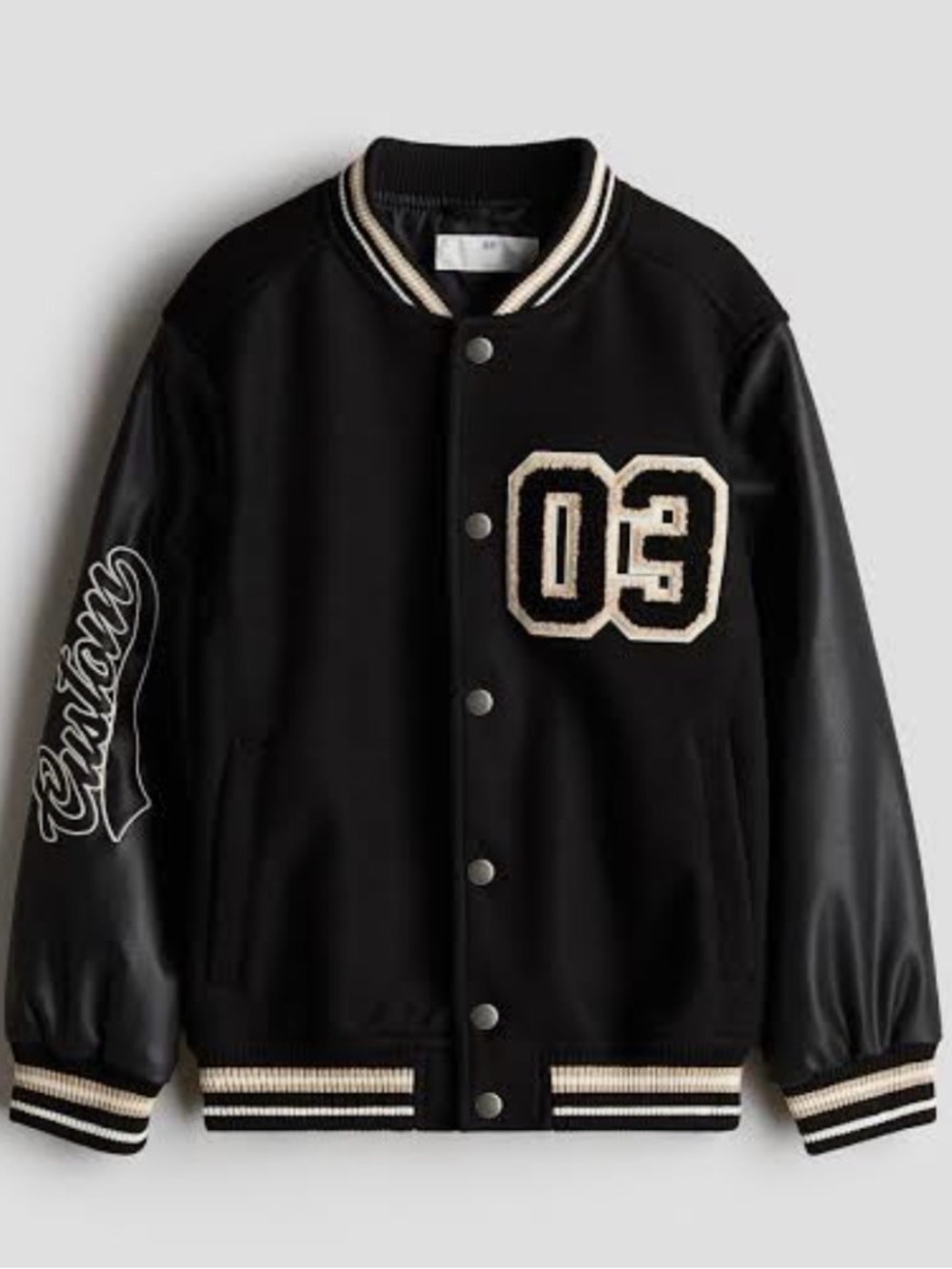 H&M Black Varsity Bomber Jacket with Cream Trim and '03' Patch